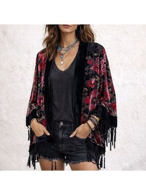 MSK Black Pink Floral Velvet Burnout Beaded Fringe Kimono Jacket Topper 1X